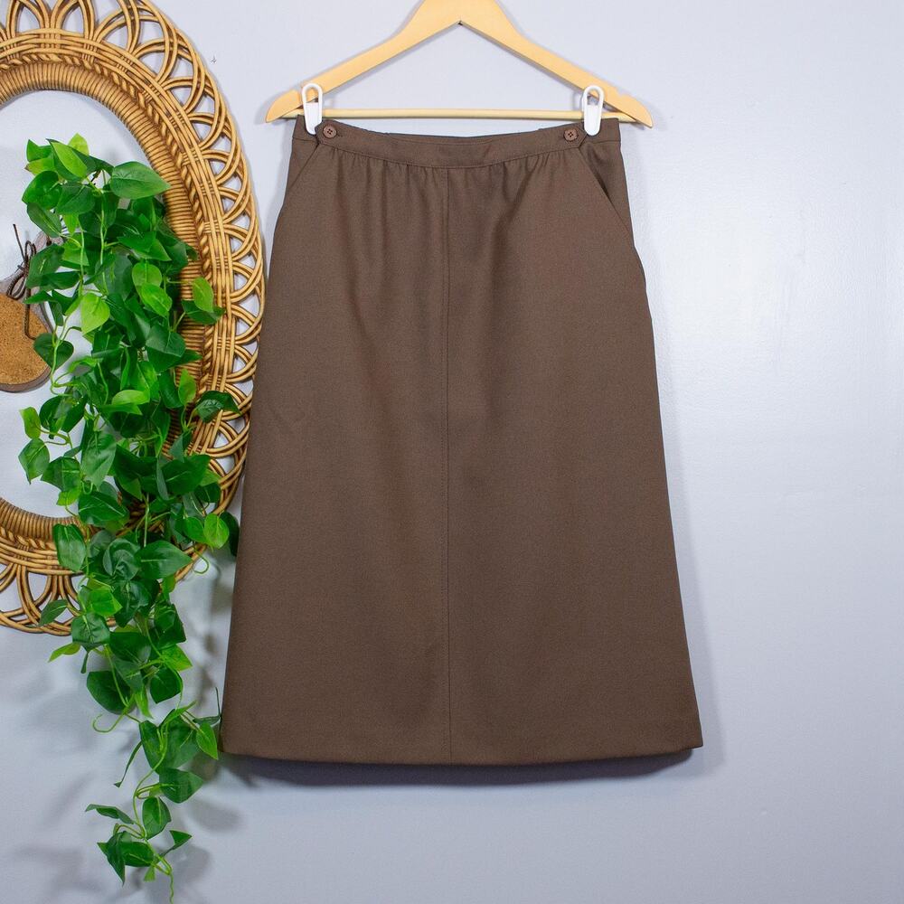 VTG Academia 90s Brown Midi Skirt Button Waist Pocket Minimal | Soft Autumn